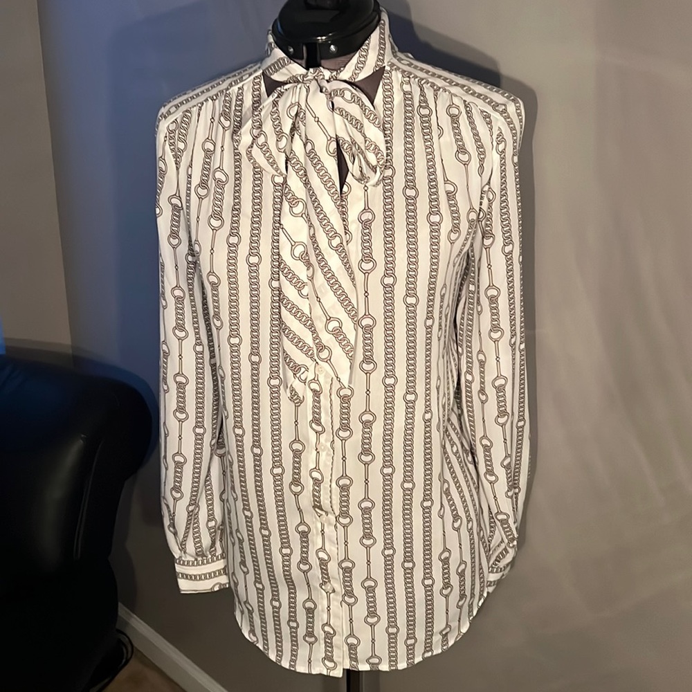 Grey and white long sleeve, tie neck blouse